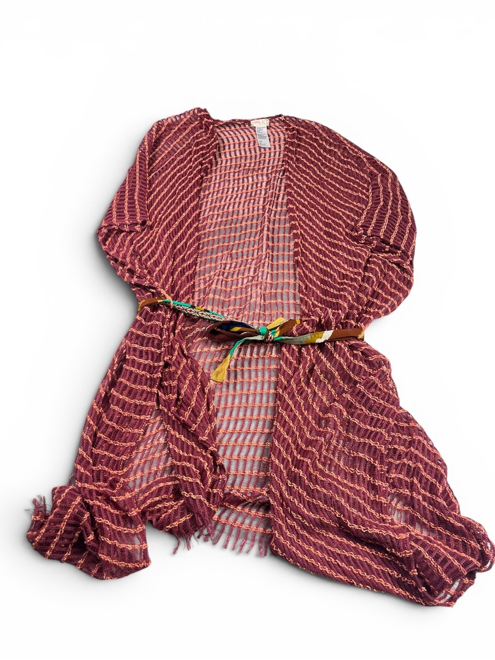 Free People Cabana Woven Kimono Open Front Striped Waist Tie Boho Beach Top OS